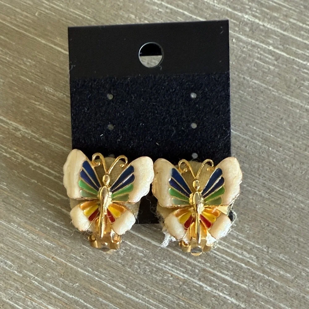 Vintage Colorful Butterfly Clip On Earrings